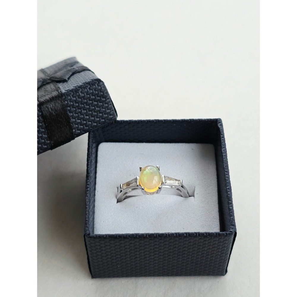 925 Sterling Silver Oval Opal Baguette Accent Ring Size 7.25 October Birthstone